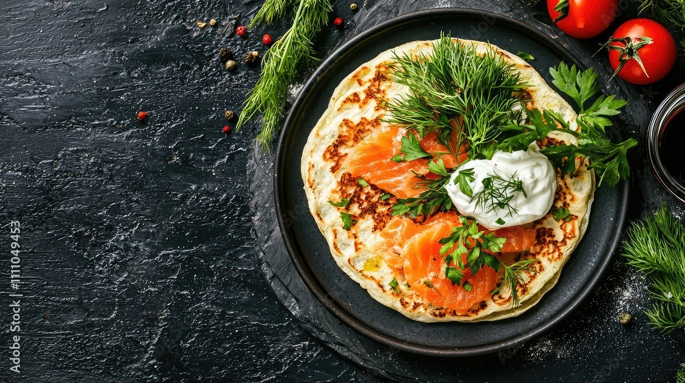 Freshly Prepared Salmon Dish with Herbs and Sour Cream on a Dark Rustic Background, Perfect for Culinary Illustrations or Food Blogs Freshly Prepared Salmon Dish with Herbs and Sour Cream on a Dark Rustic Background, Perfect for Culinary Illustrations or Food Blogs