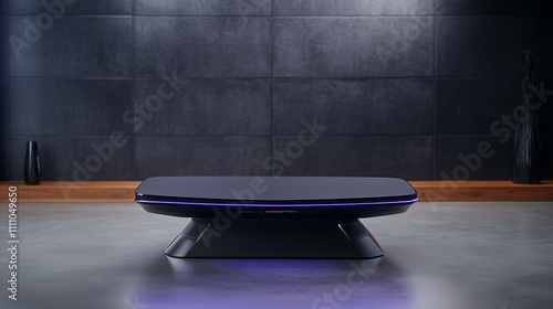 Sleek Modern Coffee Table with Dark Base and Purple Underlighting in a Minimalist Room Set photo