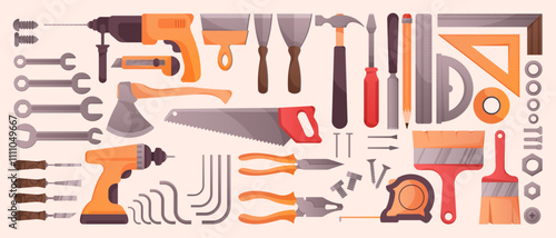 Repair tools. Screwdriver, hammer saw and spanner in building toolbox, wrench and helmet as house instruments, carpentry toolbox. Vector cartoon flat isolated construction equipment set