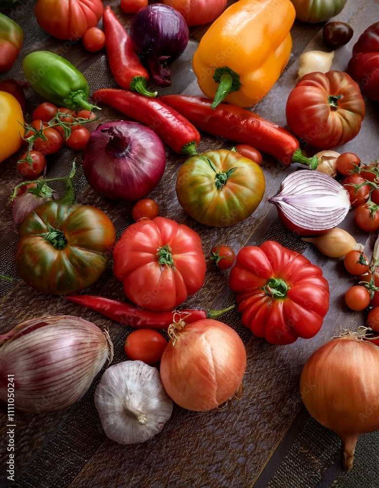 A vibrant still life of colorful vegetables. A vibrant still life of colorful vegetables.
