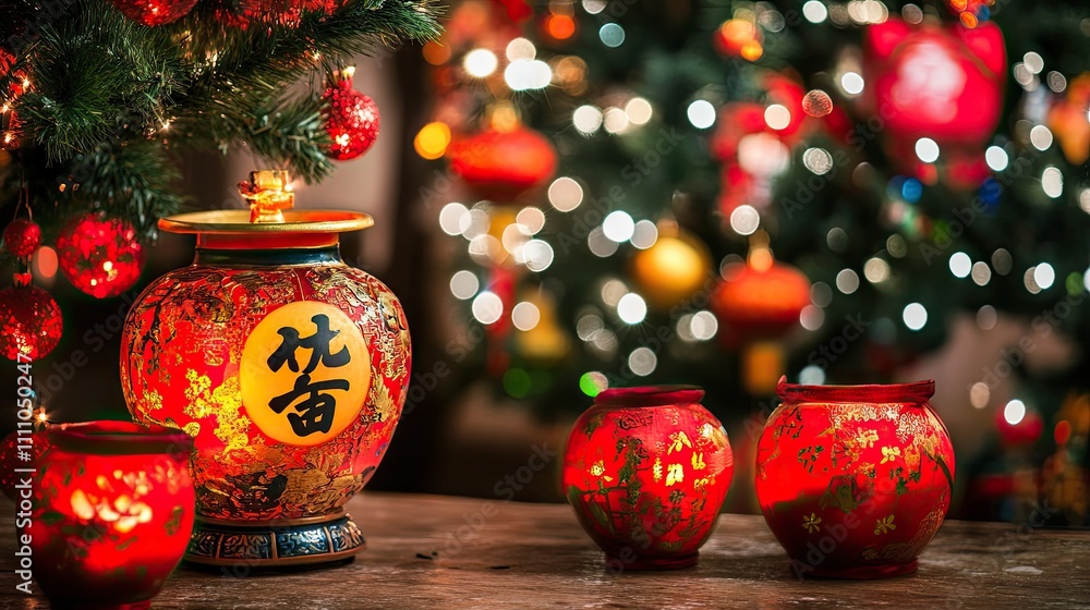Fototapeta premium Colorful Asian Lanterns Decorate Table for Festive Christmas Celebration