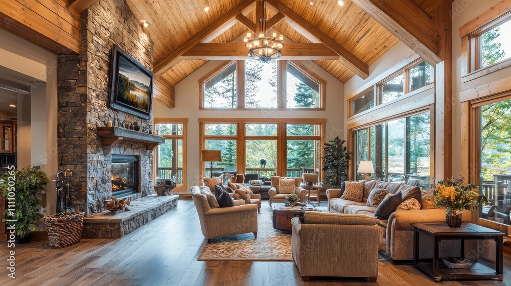 Fototapeta premium Cozy and Inviting Rustic Living Room with High Ceilings, Large Windows, Stone Fireplace, and Warm Wood Accents in a Modern Mountain Home Setting