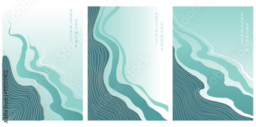 abstract japanese landscape on background with gradient, blue colours, 3 artworks collection	