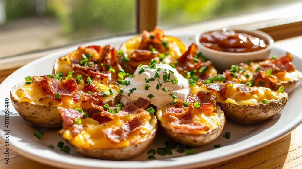 Photo of, A tantalizing platter of loaded potato skins stuffed with cheese, bacon Photo of, A tantalizing platter of loaded potato skins stuffed with cheese, bacon