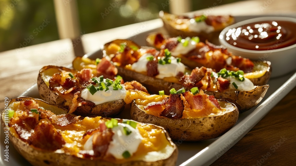 Photo of, A tantalizing platter of loaded potato skins stuffed with cheese, bacon Photo of, A tantalizing platter of loaded potato skins stuffed with cheese, bacon