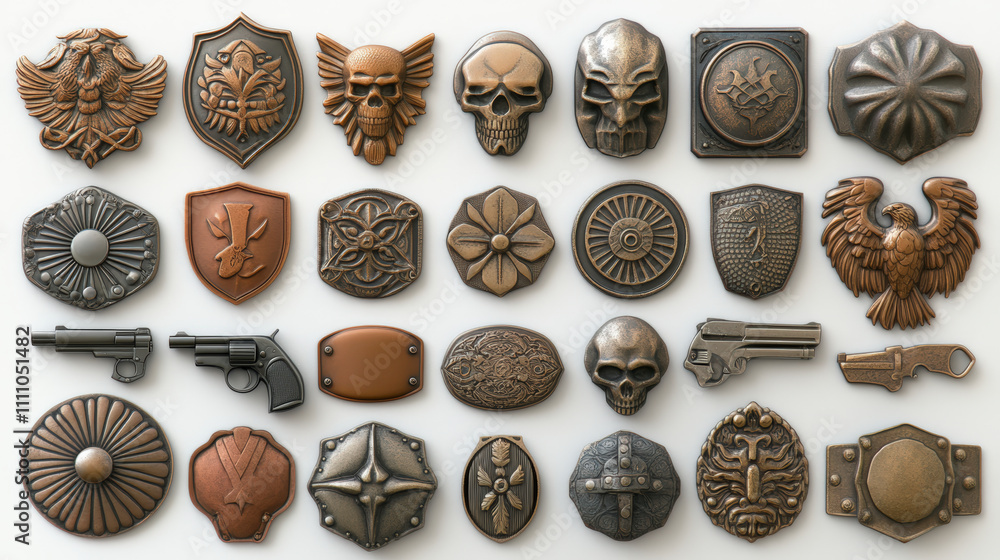 A collection of 25 intricately designed metal belt buckles, featuring skulls, eagles, and floral patterns, showcasing diverse artistic styles and themes. A collection of 25 intricately designed metal belt buckles, featuring skulls, eagles, and floral patterns, showcasing diverse artistic styles and themes.