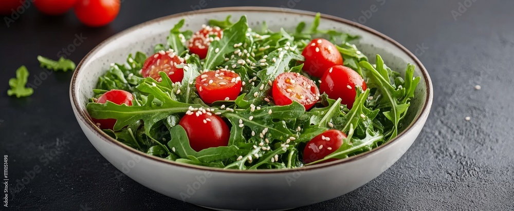 Fresh salad with cherry tomatoes and arugula served in a bowl on a dark table Fresh salad with cherry tomatoes and arugula served in a bowl on a dark table