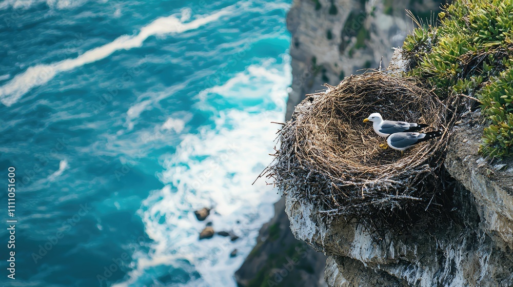 Seabirds Nesting on a Cliffside Perched Over Turquoise Ocean Waves with Natural Habitat and Rocky Shores in the Background Seabirds Nesting on a Cliffside Perched Over Turquoise Ocean Waves with Natural Habitat and Rocky Shores in the Background