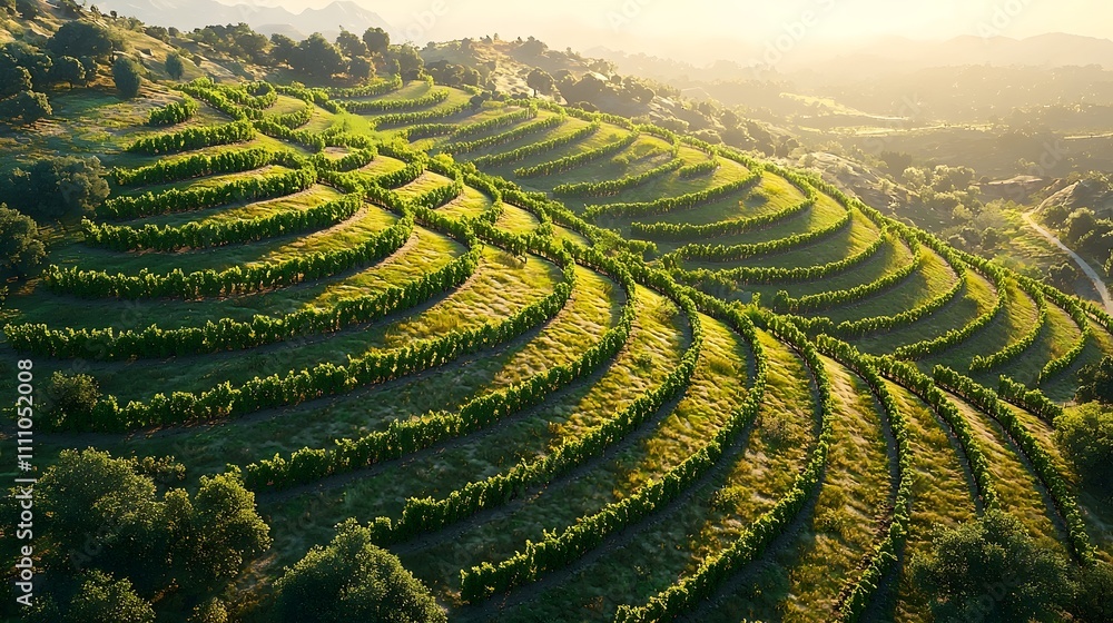 Fototapeta premium Lush green vineyard terraces stretch across rolling hills under a warm golden sunset, showcasing a beautiful landscape of nature's bounty and tranquility.