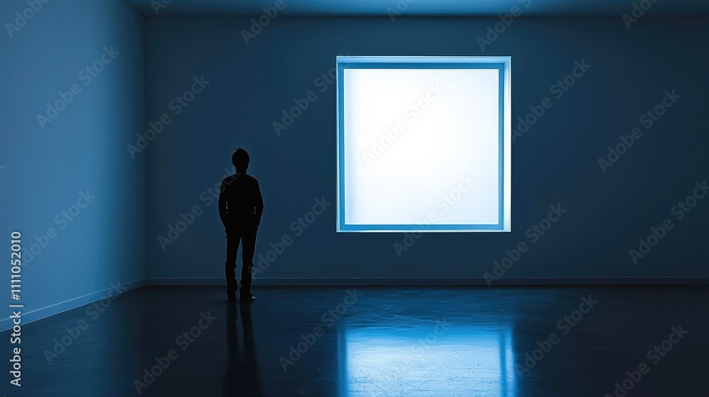 Contemplative Figure in Dimly Lit Room with Large Window Reflecting Soft Blue Light, Evoking Themes of Solitude, Reflection, and Inspiration Contemplative Figure in Dimly Lit Room with Large Window Reflecting Soft Blue Light, Evoking Themes of Solitude, Reflection, and Inspiration
