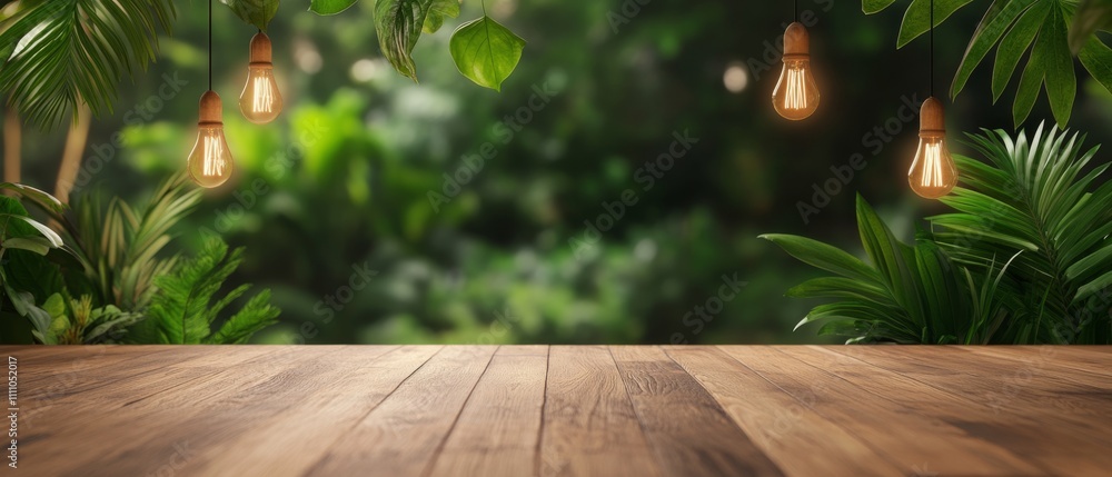 Rustic wooden table in a lush green garden with hanging lights illuminating the scene Rustic wooden table in a lush green garden with hanging lights illuminating the scene