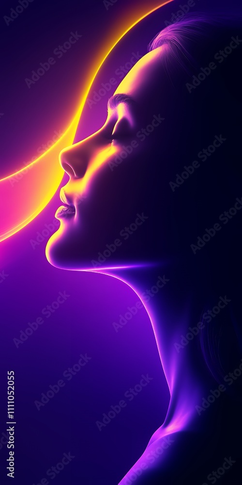 Obraz premium Elegant Profile of a Woman Illuminated by Vibrant Neon Colors in a Dynamic Display Creating a Captivating Visual Experience