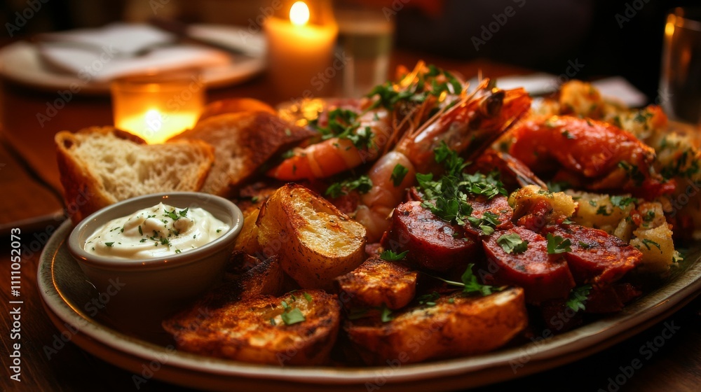 Photo of, A tantalizing platter of Spanish tapas including patatas bravas, chorizo Photo of, A tantalizing platter of Spanish tapas including patatas bravas, chorizo