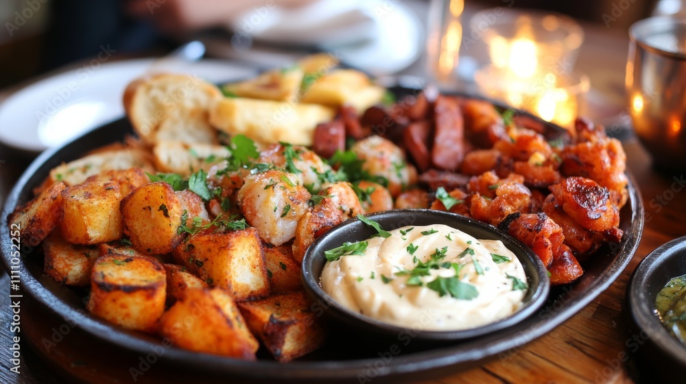 Fototapeta premium Photo of, A tantalizing platter of Spanish tapas including patatas bravas, chorizo