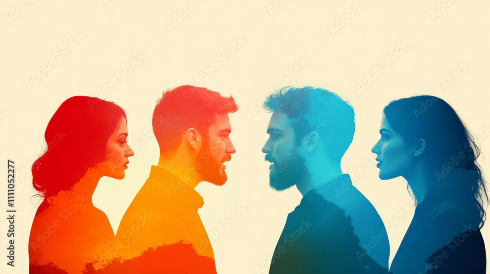 Silhouetted profiles of two people merge with colorful nature, creating a vibrant double exposure effect against a soft background. Silhouetted profiles of two people merge with colorful nature, creating a vibrant double exposure effect against a soft background.