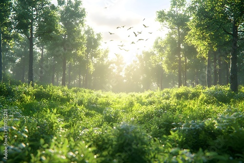 A serene forest scene showcasing a lush green landscape bathed in soft sunlight, with vibrant foliage and birds gracefully flying through the sky. photo