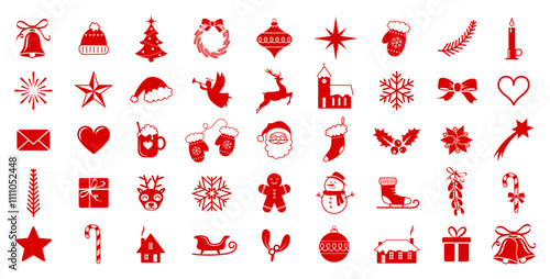 Christmas icon set, red holidays vector symbol collection