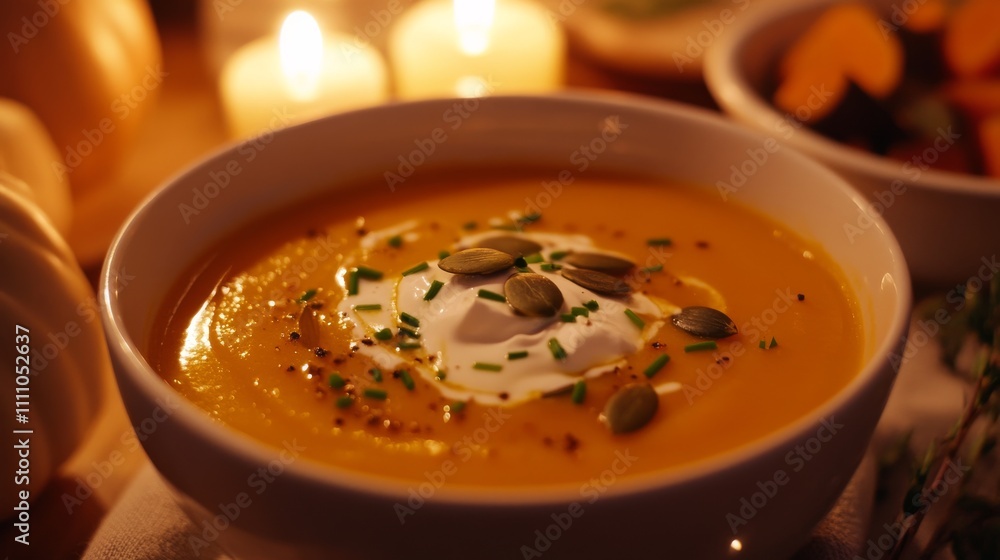 Photo of, A tempting bowl of creamy butternut squash soup garnished with a dollop of sour cream and toasted pumpkin seeds, Soup bowl centered Photo of, A tempting bowl of creamy butternut squash soup garnished with a dollop of sour cream and toasted pumpkin seeds, Soup bowl centered