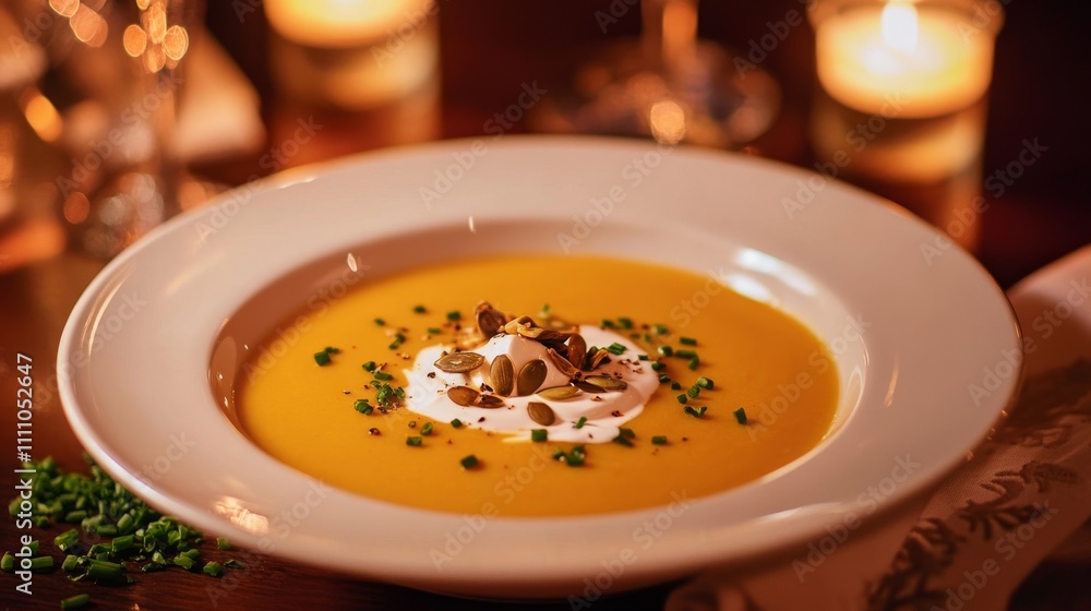 Photo of, A tempting bowl of creamy butternut squash soup garnished with a dollop of sour cream and toasted pumpkin seeds, Soup bowl centered Photo of, A tempting bowl of creamy butternut squash soup garnished with a dollop of sour cream and toasted pumpkin seeds, Soup bowl centered