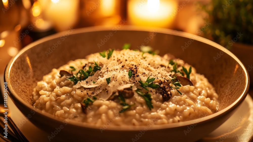 Photo of, A tempting bowl of creamy mushroom risotto garnished with Parmesan cheese and freshly chopped parsley, Risotto bowl centered Photo of, A tempting bowl of creamy mushroom risotto garnished with Parmesan cheese and freshly chopped parsley, Risotto bowl centered
