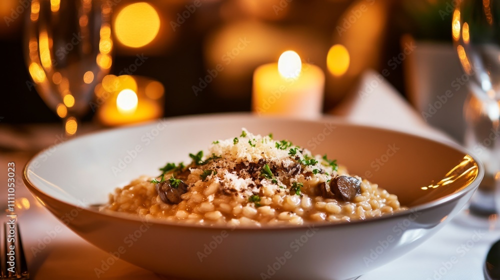 Photo of, A tempting bowl of creamy mushroom risotto garnished with Parmesan cheese and freshly chopped parsley, Risotto bowl centered Photo of, A tempting bowl of creamy mushroom risotto garnished with Parmesan cheese and freshly chopped parsley, Risotto bowl centered