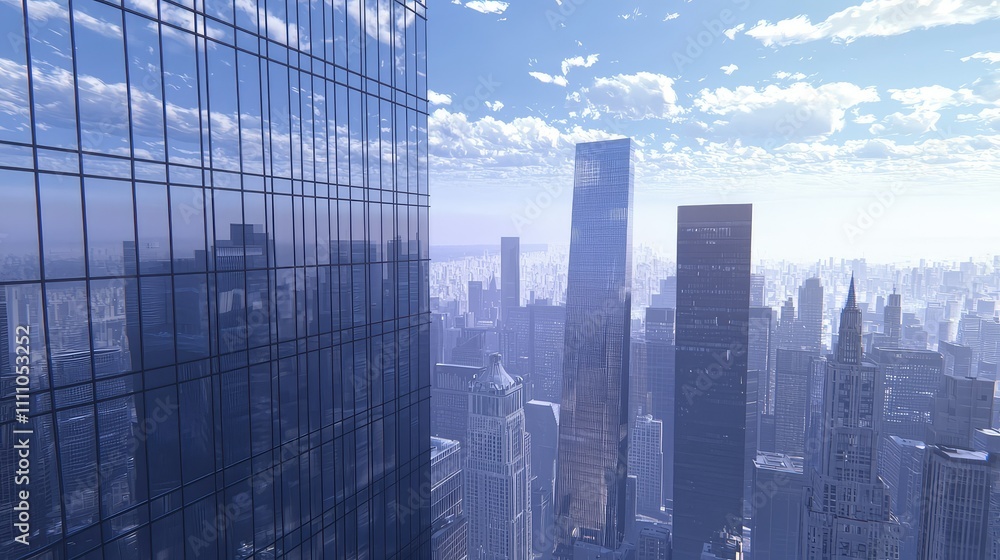 Aerial View of Modern Skyscrapers Against a Clear Blue Sky in an Urban Landscape, Showcasing Architectural Designs and City Life Aerial View of Modern Skyscrapers Against a Clear Blue Sky in an Urban Landscape, Showcasing Architectural Designs and City Life