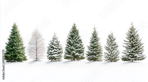 Collection of Christmas Trees with Snow on white background