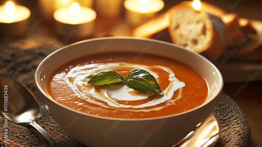 Photo of, A tempting bowl of creamy tomato basil soup garnished with a swirl of cream and fresh basil leaves, Soup bowl centered Photo of, A tempting bowl of creamy tomato basil soup garnished with a swirl of cream and fresh basil leaves, Soup bowl centered
