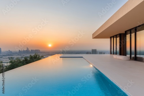 Modern villa with infinity pool overlooking city skyline at sunset