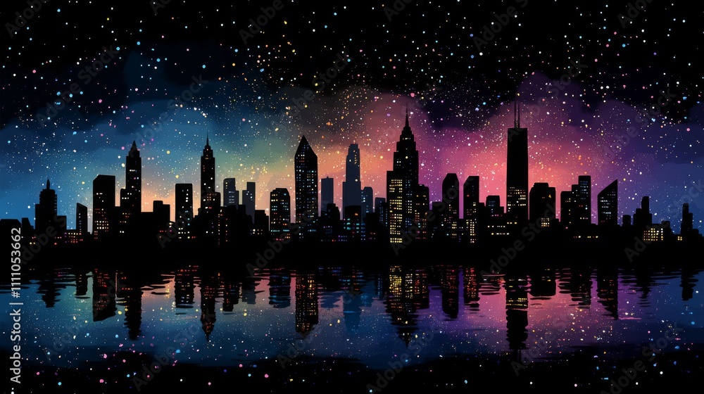 City Skyline with Starry Night Reflection