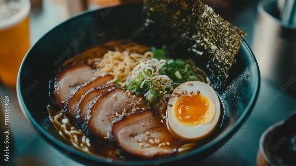 Photo of, A tempting bowl of ramen noodles in a savory broth with sliced pork belly, soft-boiled egg Photo of, A tempting bowl of ramen noodles in a savory broth with sliced pork belly, soft-boiled egg