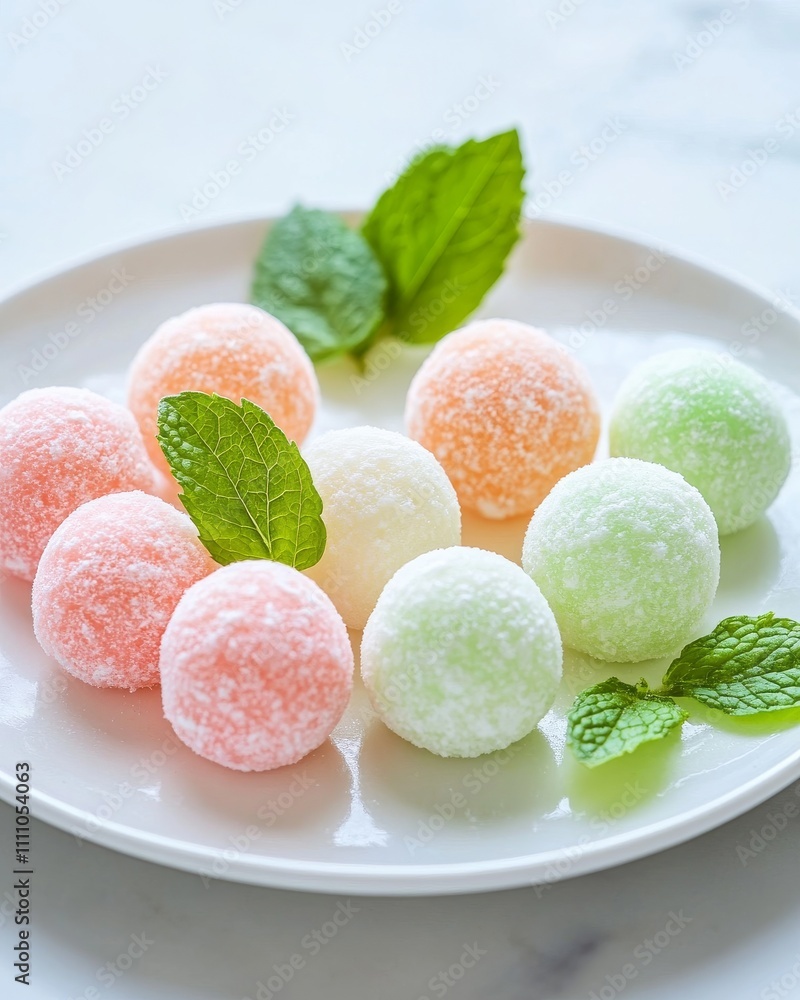 Assorted dry yogurt balls with mint leaves on white plate Assorted dry yogurt balls with mint leaves on white plate