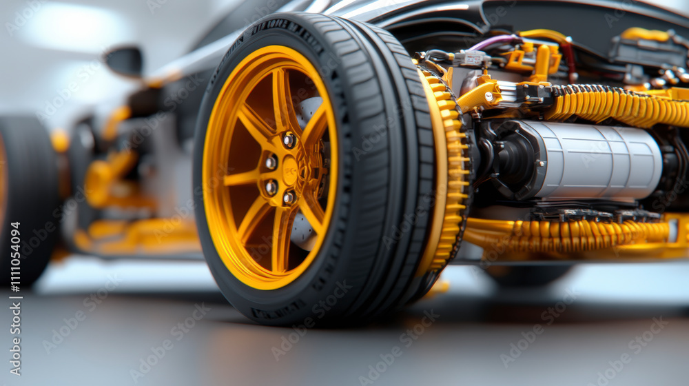 Close-up of a high-performance car's detailed engine components and vibrant orange wheels, highlighting intricate design and engineering in a modern automotive setting. Close-up of a high-performance car's detailed engine components and vibrant orange wheels, highlighting intricate design and engineering in a modern automotive setting.