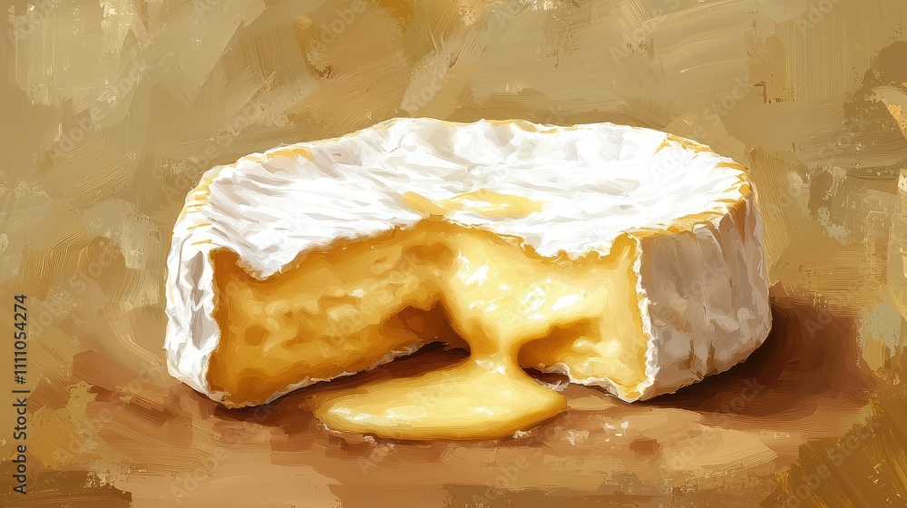 Creamy Brie Cheese with Ripe Interior on Wooden Board, Artful Illustration Capturing Melted Texture and Rustic Charm of this Gourmet Delight Creamy Brie Cheese with Ripe Interior on Wooden Board, Artful Illustration Capturing Melted Texture and Rustic Charm of this Gourmet Delight