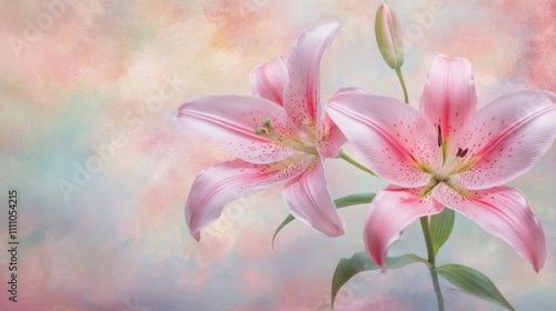 Beautiful pink lilies thriving in a serene garden setting with a soft bokeh background photo