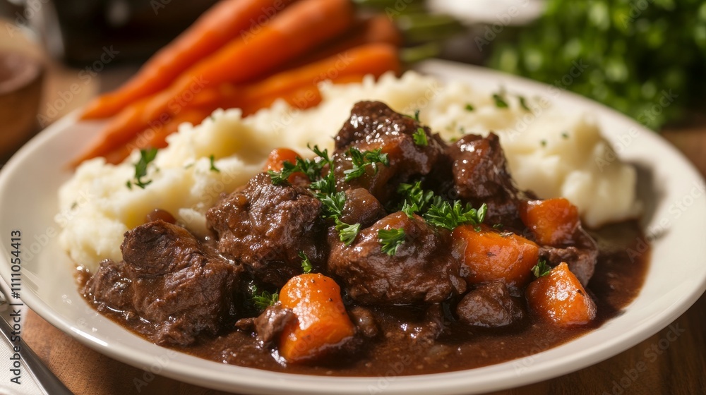 Photo of, A tempting plate of beef bourguignon served with mashed potatoes and roasted carrots, Bourguignon plate centered Photo of, A tempting plate of beef bourguignon served with mashed potatoes and roasted carrots, Bourguignon plate centered