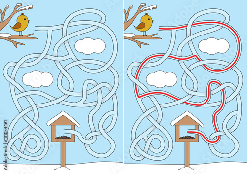 Little bird maze for kids with a solution