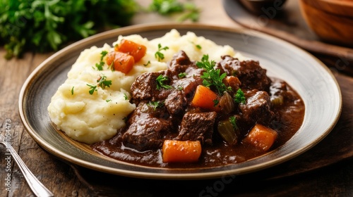 Photo of, A tempting plate of beef bourguignon served with mashed potatoes and roasted carrots, Bourguignon plate centered