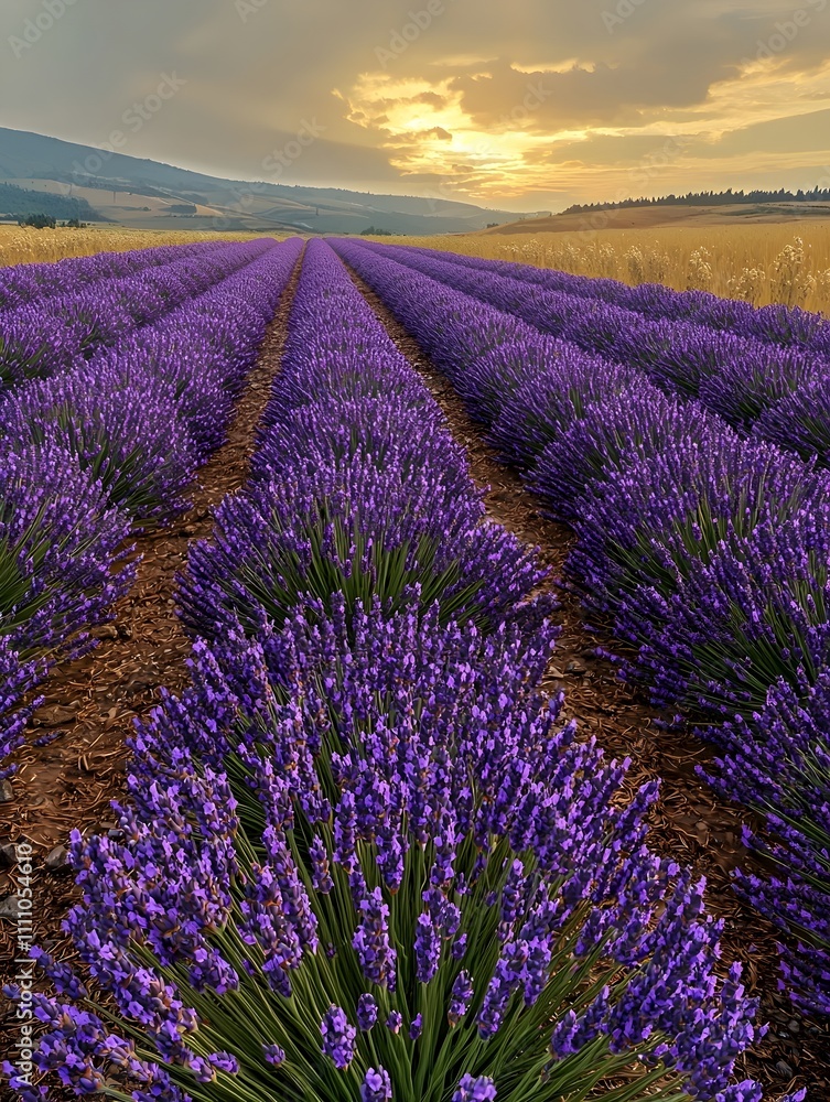 A breathtaking view of vibrant lavender fields at sunset, featuring rows of vivid purple blooms, with soft golden light illuminating the sky and creating a serene ambiance. A breathtaking view of vibrant lavender fields at sunset, featuring rows of vivid purple blooms, with soft golden light illuminating the sky and creating a serene ambiance.