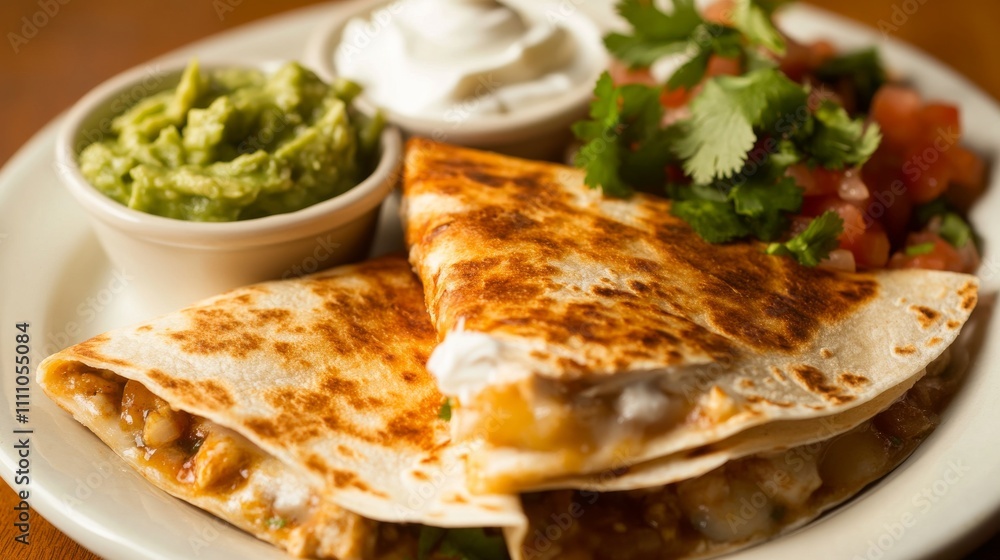 Photo of, A tempting plate of chicken quesadillas served with guacamole, sour cream Photo of, A tempting plate of chicken quesadillas served with guacamole, sour cream