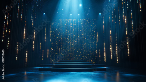 Dark blue stage with golden spotlight lines and glitter texture for award ceremony design. Realistic 3d abstract premium elegant glamour background template for anniversary or winner rewarding.