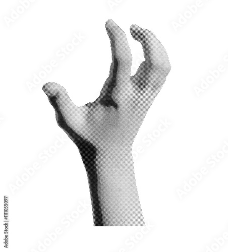 Grabbing, holding, catching and taking, kids gesture. Childs hand capturing, seizing something invisible, holding product isolated on white background. Halftone dotted retro style vector