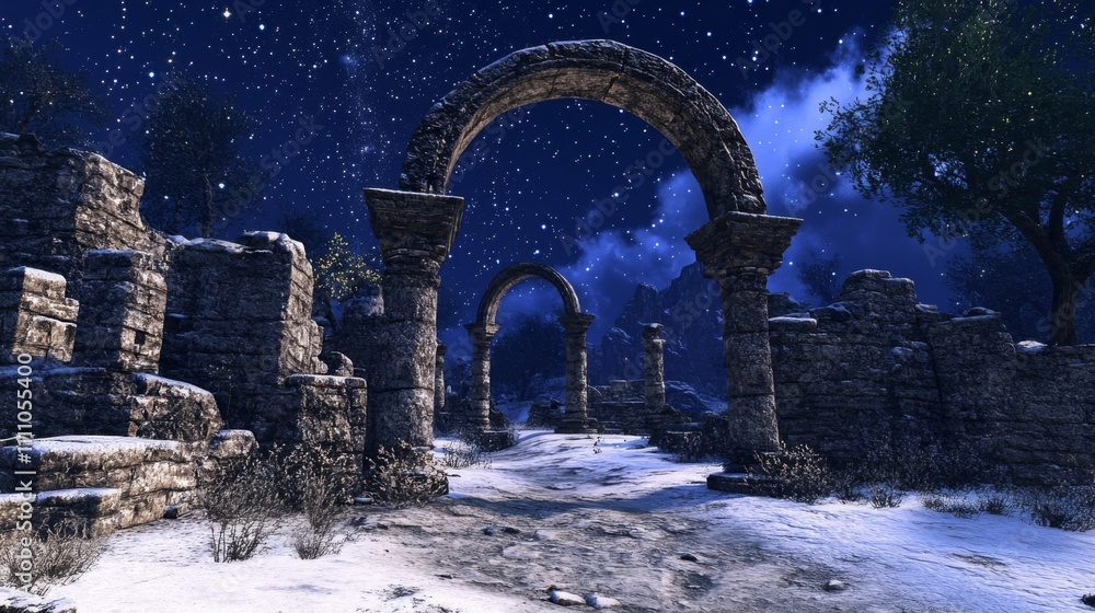 Ancient Ruins Under a Starry Night Sky Ancient Ruins Under a Starry Night Sky
