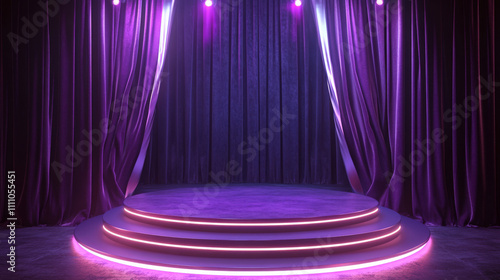 Theater entertainment stage podium. Vector background with realistic 3d round scene with ramp lights and purple curtains. Neon glowing empty platform or pedestal for presentation, show performance