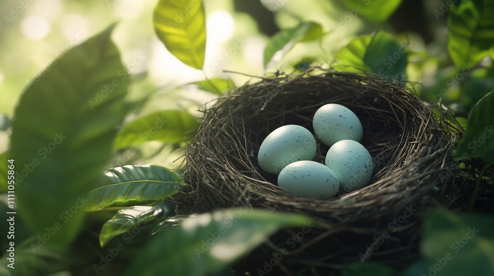 Nest with eggs in a lush forest setting. Nest with eggs in a lush forest setting.