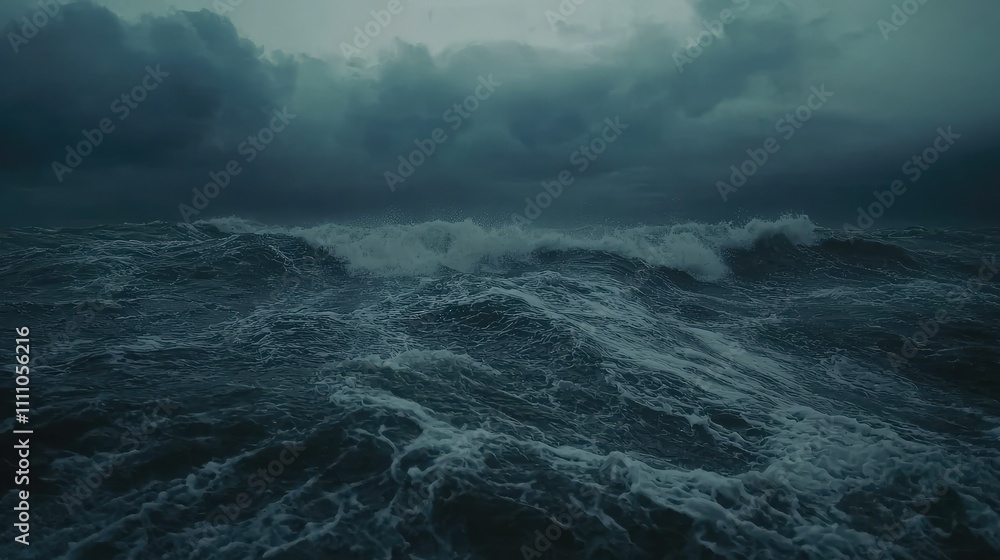 Dark, Stormy Ocean Waves Under Gloomy Sky, Turbulent Waters and Dramatic Clouds Creating a Mysterious Atmosphere, Nature's Fury Captured in Twilight Light Dark, Stormy Ocean Waves Under Gloomy Sky, Turbulent Waters and Dramatic Clouds Creating a Mysterious Atmosphere, Nature's Fury Captured in Twilight Light