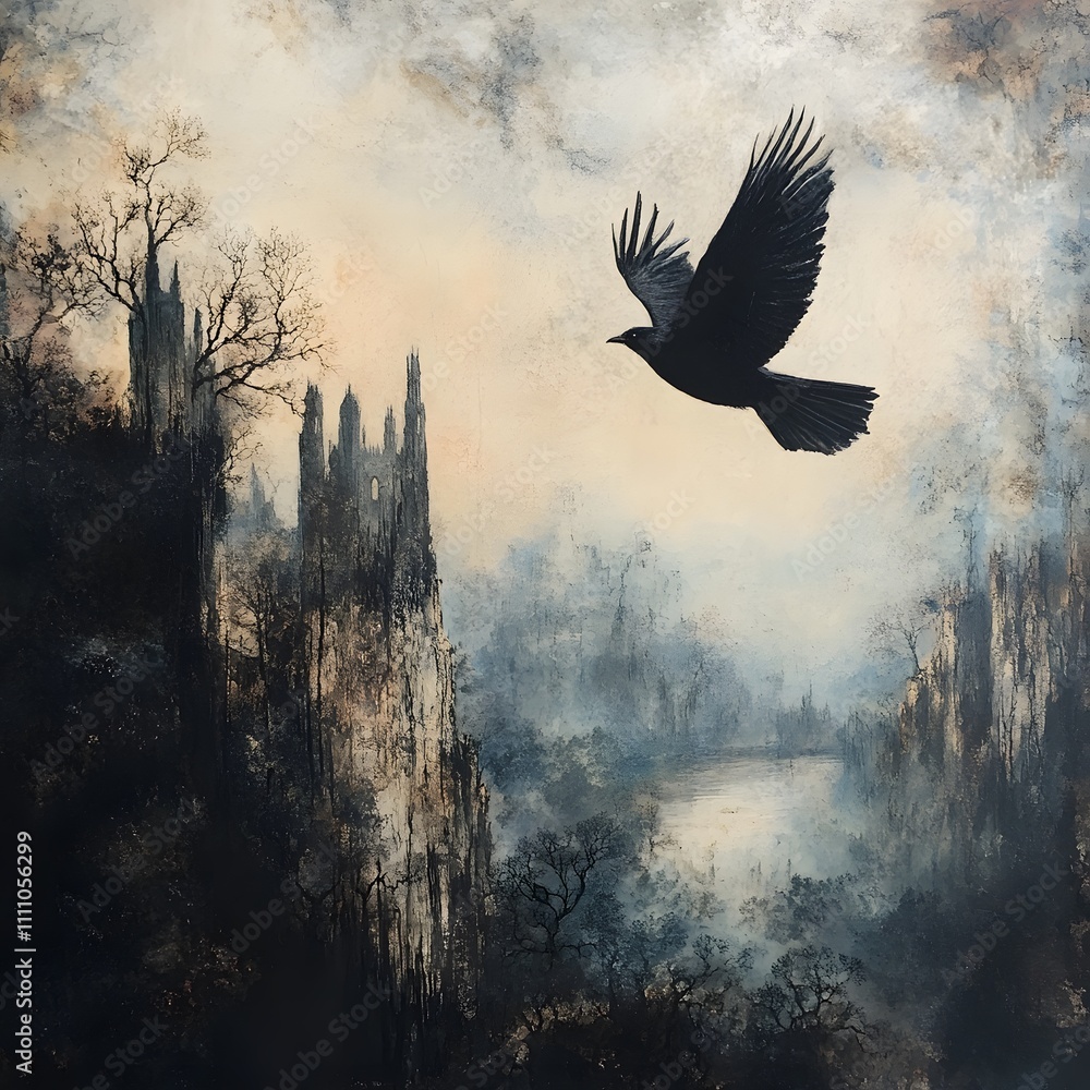 Obraz premium Mysterious Raven Flying Over Enchanted Landscape with Fog, Ancient Towers, and Dark Forests in a Dreamlike Setting of Twilight