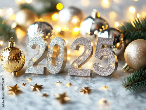 Celebrating New Year 2025 with sparkling silver and gold decorations, featuring festive ornaments and shimmering stars, creating joyful atmosphere photo