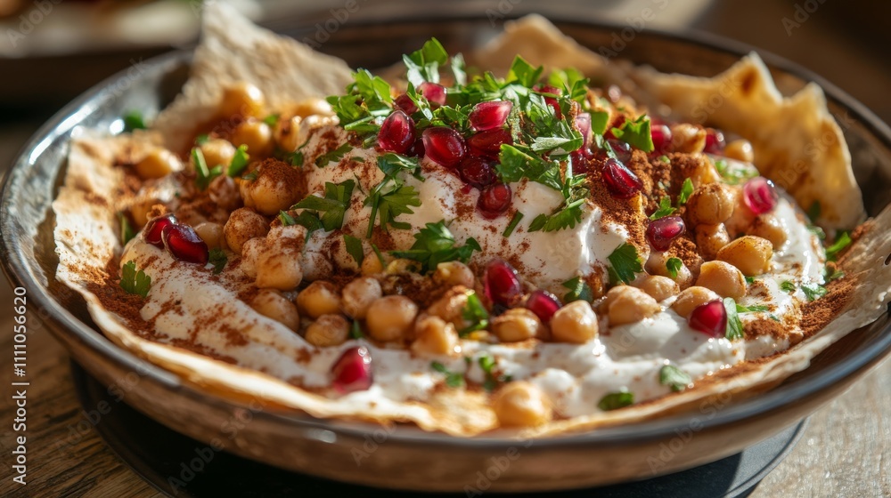 Photo of, A tempting plate of Lebanese fatteh, layers of crispy pita bread Photo of, A tempting plate of Lebanese fatteh, layers of crispy pita bread
