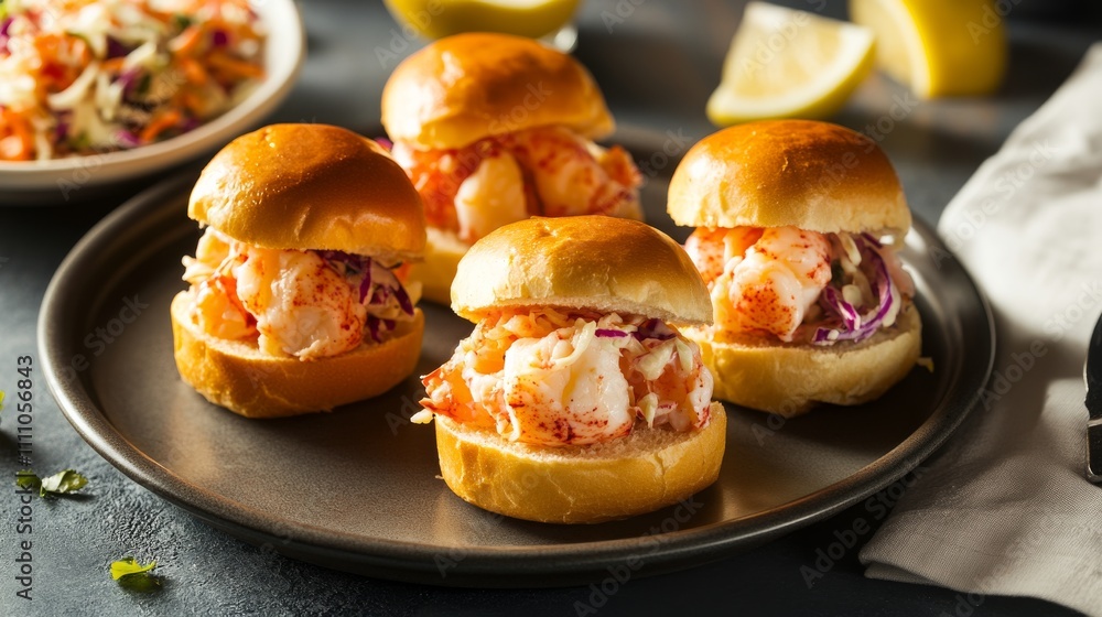 Photo of, A tempting plate of lobster roll sliders served on buttered mini brioche buns with a side of coleslaw, Lobster roll sliders centered Photo of, A tempting plate of lobster roll sliders served on buttered mini brioche buns with a side of coleslaw, Lobster roll sliders centered